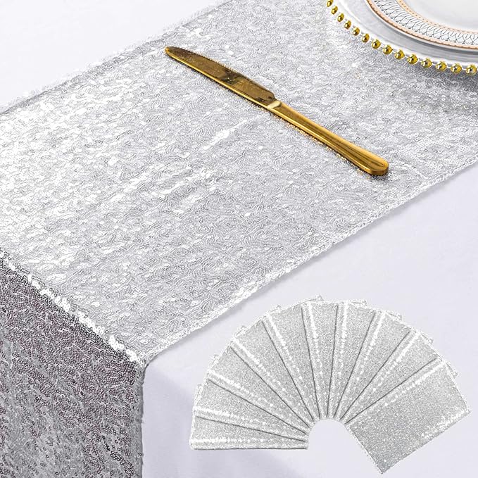 ShinyBeauty 10 Pieces-12 x108 Silver-Sequin Table Runner Wedding Party Catering Event (Silver)