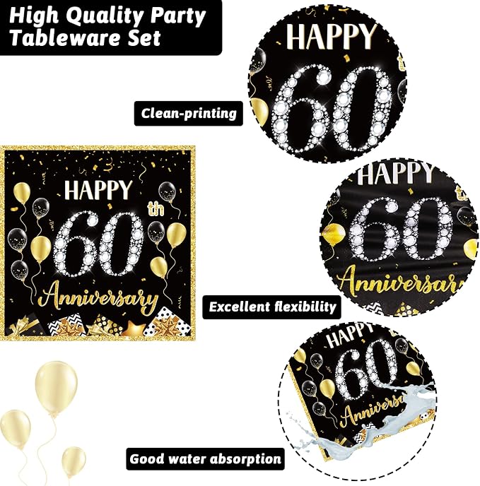 chiazllta 96 Pcs 60th Wedding Anniversary Party Paper Plate and Napkins Supplies Gold Black Disposable Tableware Anniversary Party Paper Plates Napkins Supplies for Party Favors 24 Guests