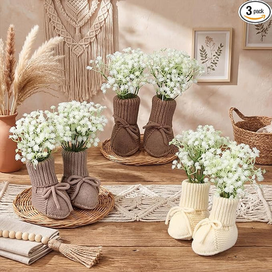 3 Sets Boho Baby Shower Centerpieces, Includes Knitted Newborn Booties and Baby's Breath Flowers with Floral Foam Block for Gender Reveal Newborn Announcement Table Decor