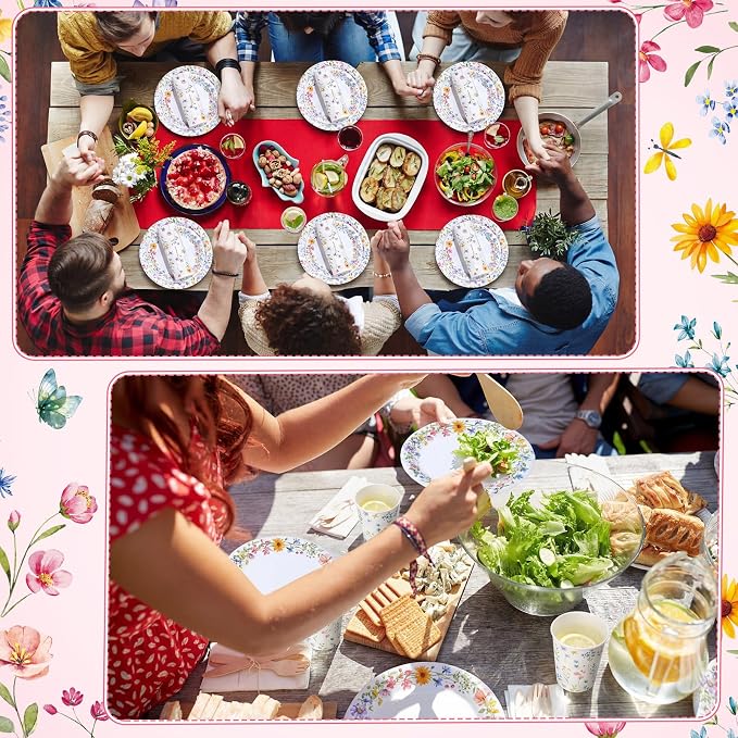 Pickmesh 400 Pcs Wildflower Party Supplies Floral Baby in Bloom Tableware Include Disposable Paper Plates Napkins Cups Cutlery for Spring Summer Picnic Tea Baby Shower Party Decorations Serve 50