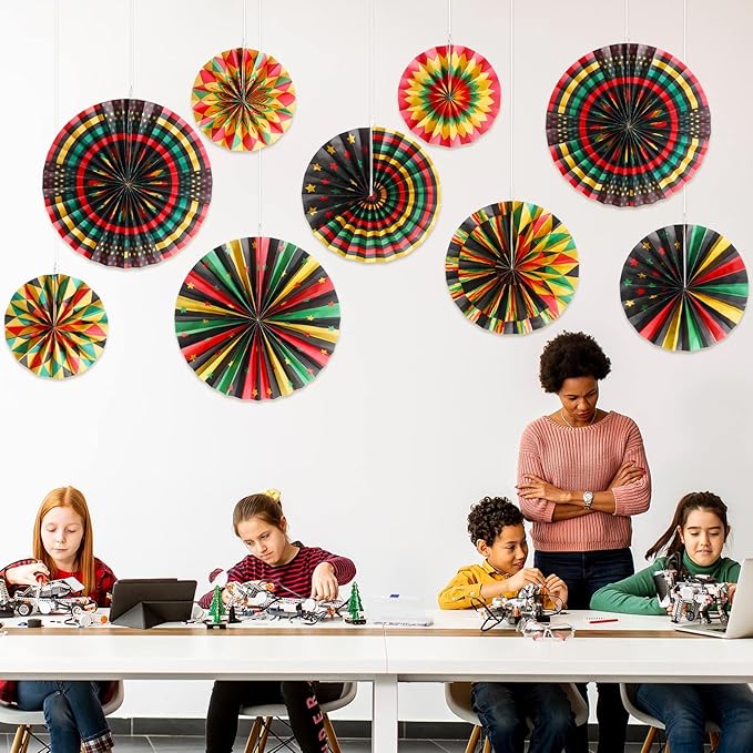 Outus Black History Month Decorations Paper Fans Juneteenth Hanging Paper Fans Kente Ceiling Wall Garland for African American Party Bulletin Board Classroom Decor(18 Pcs,Classic)