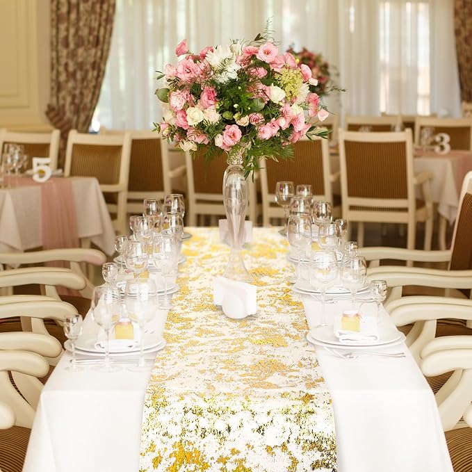 Aneco 12 Pieces Metallic Glitter Table Runner 84 x 11 Inches Gold Glitter Mesh Table Runners Sparkle Rectangle Runner Roll Decorations for Wedding Baby Shower Birthday, DIY Home Decor
