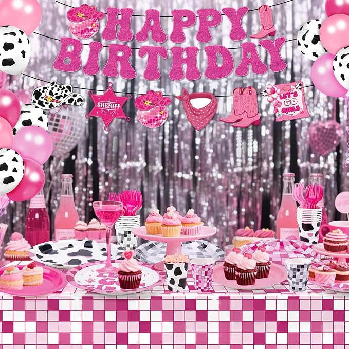 147pcs Cowgirl Birthday Party Decorations, Disco Cowgirl Party Decorations Includes Banner, Garland, Plates, Napkins, Cups, Forks, Tablecloths and Balloons for Western Cowgirl Party (Serves 24)