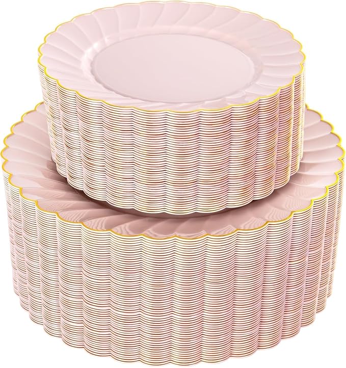 YOUBET 100PCS Pink Scalloped Plastic Plates - Heavy Duty Gold Disposable Fancy Hard Plates Include 50 Dinner Plate, 50 Dessert Plate, for Wedding & Party
