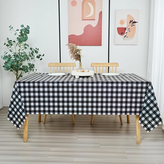 Plastic Tablecloth Roll – 54" x 100' Plastic Tablecloths for Parties Disposable with Cutter Box - Cut to Size Disposable Tablecloth for Rectangle & Round (Gingham-Black)