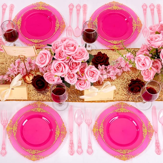 150PCS Pink Plastic Silverware - Heavy Duty Elegant Disposable Utensils - Vintage Baroque Cutlery Set Disposable Includes 50Forks, 50Spoons, 50Knives for Dinner Party Wedding