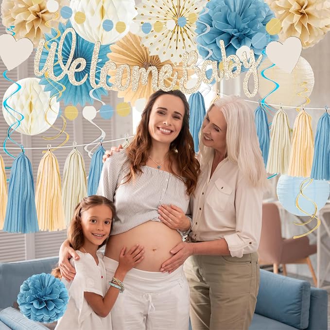 Light-Dusty Blue Boho Baby Shower Party-Decorations Beige Champagne Boy Neutral Welcome Baby Banner Décor With Honeycomb Balls Circle Dots Garland Lantern PomPoms Flowers Hanging Swirls Party Supplies