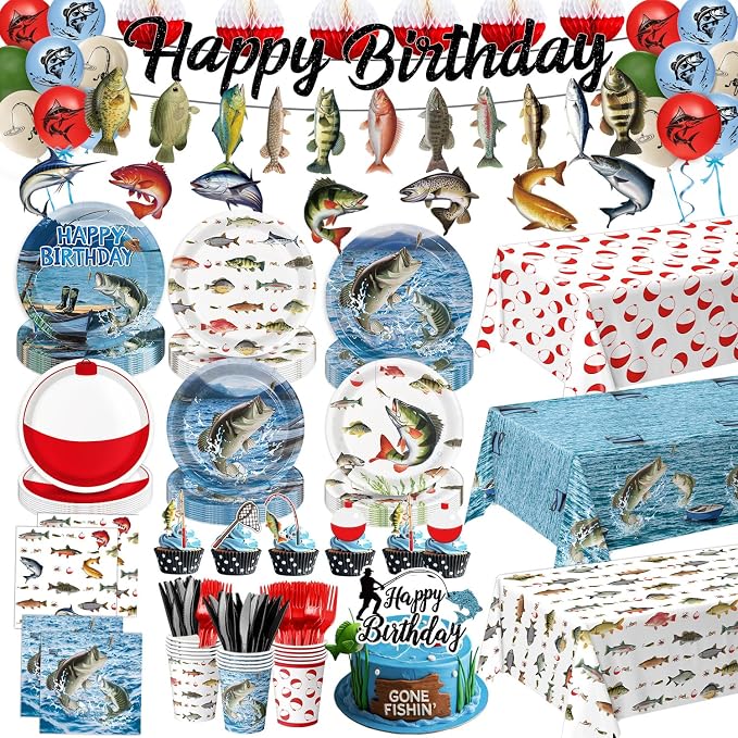 Fishing Birthday Party Decorations Kit with Plates, Napkins, Cups, Cutlery, Honeycomb Balls, Banner, Hanging Swirls, Tablecloths, Toppers, Balloons for Ofishally One Birthday Decorations, Serves 24