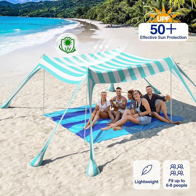 Rhino Valley Beach Tent, 10 x 10 FT Beach Shade UPF50+ Protection, Beach Canopy with 8 Sandbags 4 Stability Poles, Outdoor Beach Tent Sun Shelter Umbrella for Sand, Camping, Fishing,Mint Green Stripes