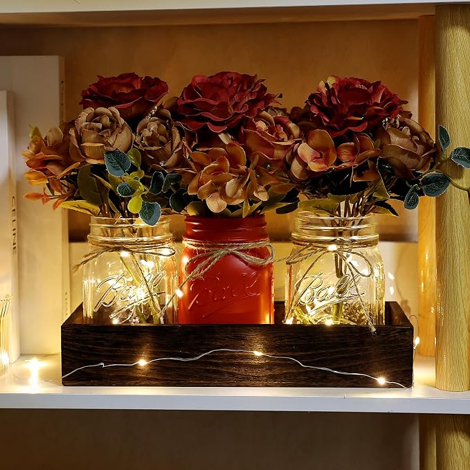 Mason Jar Centerpiece Orange Flower Kitchen Table Decor with Lights | 3 Piece Farmhouse Coffee Table Decor with Fake Flowers Wood Tray for Living Dining Room Bathroom Wedding Outdoor Decoration