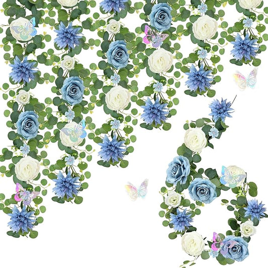 Eucalyptus Garland with Flowers - 6 Pack 5.9 FT Artificial Flower Garland with Butterflies Faux Rose Greenery Garlands for Backdrop Wedding Arch Centerpieces Decorations - Dusty Blue & White