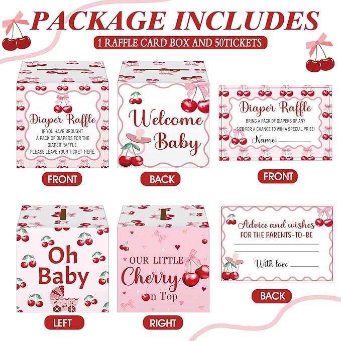 Teling 51 Pieces Diaper Raffle Tickets with Card Box Baby Shower Decorations Gender Reveal Holder Box for Girl Boy Diaper Raffle Party (Cherry Theme Pattern)