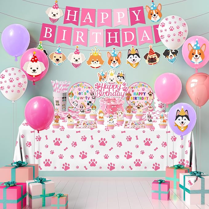 Dog Birthday Party Decorations Include Lets Pawty Plates Napkins Pink Puppy Tablecloth Banner Balloons Cupcake Toppers Tableware Set for Girls Puppy Birthday, Dog Party Decorations Serves 24