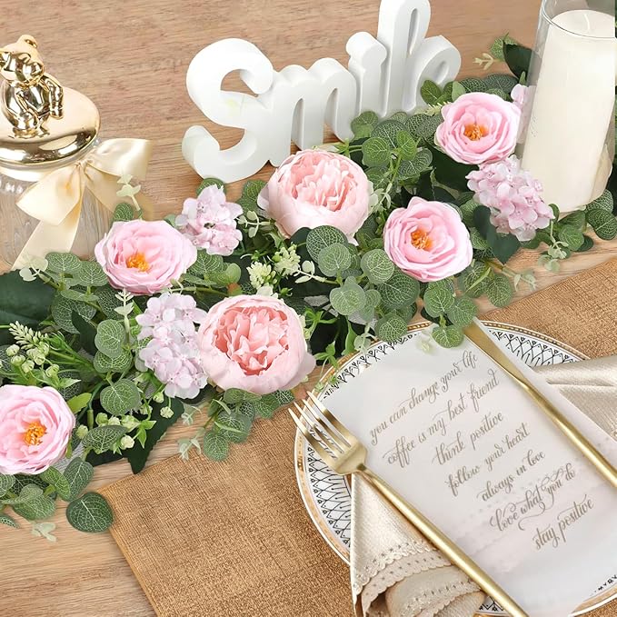 Betylifoy 2 Pack 12Ft Pink Flower Garland Artificial Eucalyptus Flower Garlands Fake Peony Rose Floral Vines Silk Hydrangea Hanging Vine Greenery Garland for Wedding Party Table Wall Backdrop Decor