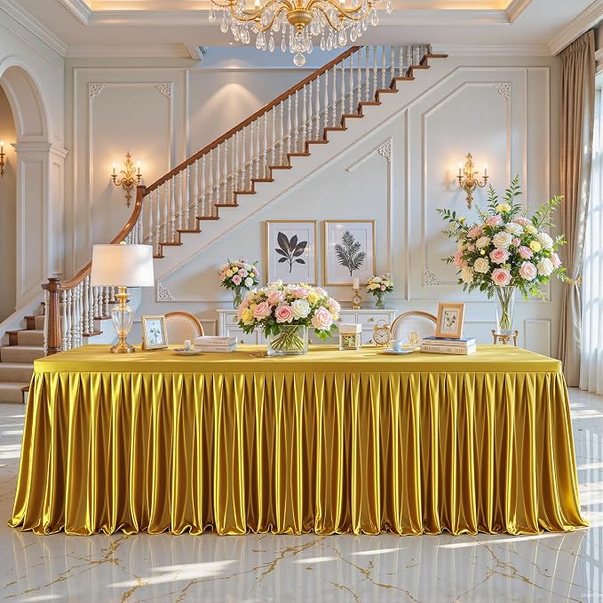 Gold Satin Tablecloths Rectangle 4FT, Glitter Fitted Stretch Table Covers Wrinkle-Resistant Floor Length Shimmer Pleated Table Skirt for Weddings Parties Baby Shower Banquets Vendor Events
