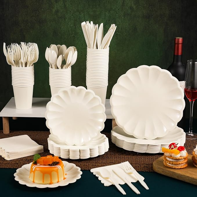 Newtay 350 Pcs Ivory Scalloped Paper Plates and Napkins Party Supplies for 50 Guests Cream White Disposable Plastic Tableware Cups Spoons Forks Knives for Wedding Baby Shower Picnic Birthday Party