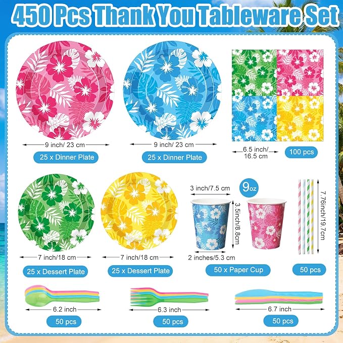 450 Pcs Hawaiian Luau Tableware Set Decorations Aloha Tropical Hibiscus Palm Leaves Paper Plates Napkins Cups Cutlery Straws for Hawaiian Party Summer Birthday Party Supplies, Serves 50
