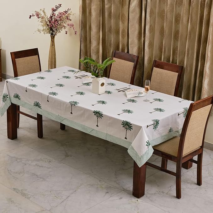 Ridhi Green Palm Hand Block Print Cotton Rectangle Tablecloth 120" x 80" inches Reusable Table Cover Decorative Everyday Use for Dining Room, Farmhouse, Home Gift for Spring, Mother's Day