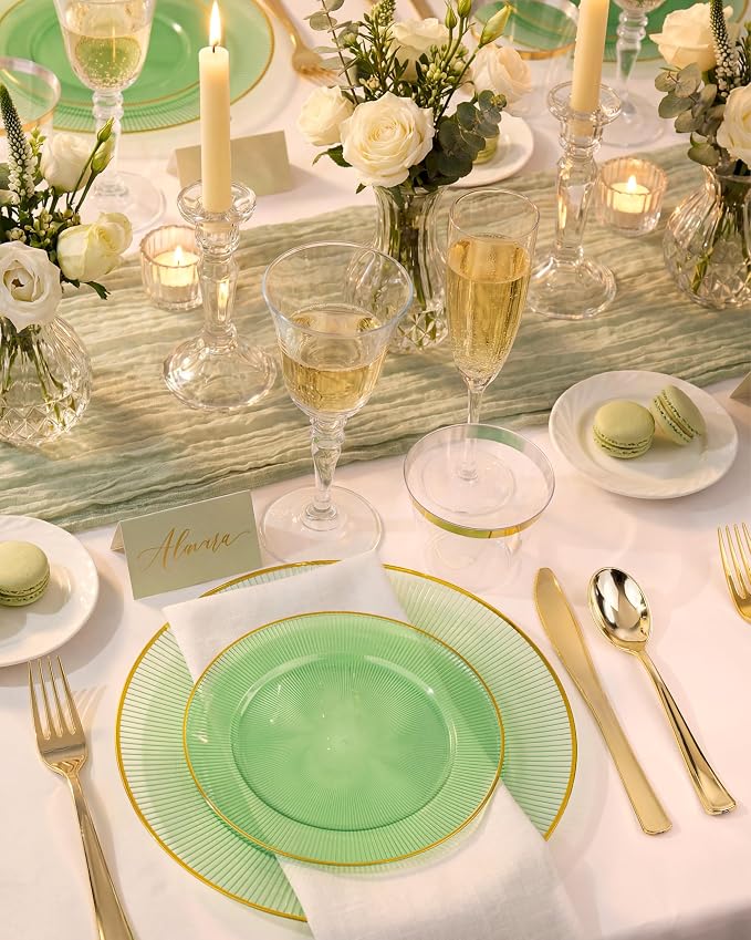Hioasis 60pcs Green and Gold Plastic Plates - Green Disposable Dinnerware Set, 30pcs Dinner 10in & 30pcs Dessert 7in Plates with Striped Designs for Party & Wedding