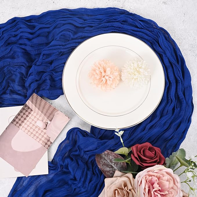12 Pack Royal Blue Cheesecloth Table Runner 120 inch Fall Thanksgiving Boho Rustic Gauze Farmhouse 10FT Cheese Cloth Runner for Baby Shower Wedding Party Holiday Home Decor