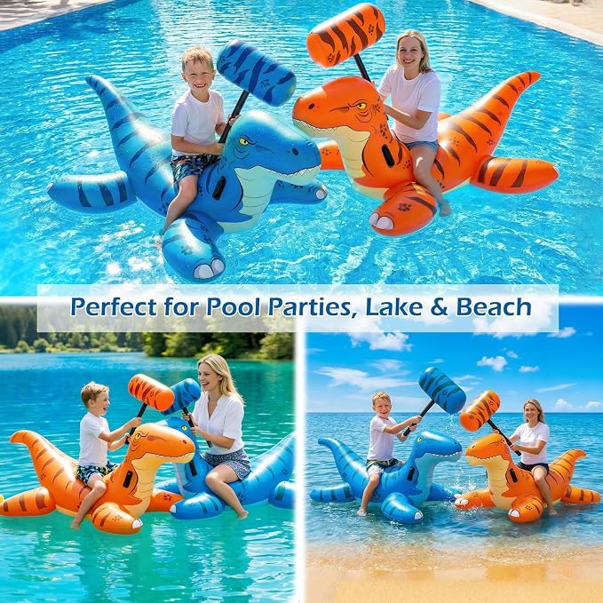 Jasonwell Pool Games Toys Floats -2Pack Inflatable Dinosaur Pool Floats with Blow Up Toy Hammers Ride on Pool Floaties for Kids Teens Adults Lounge Raft Summer Lake Beach Party Decorations