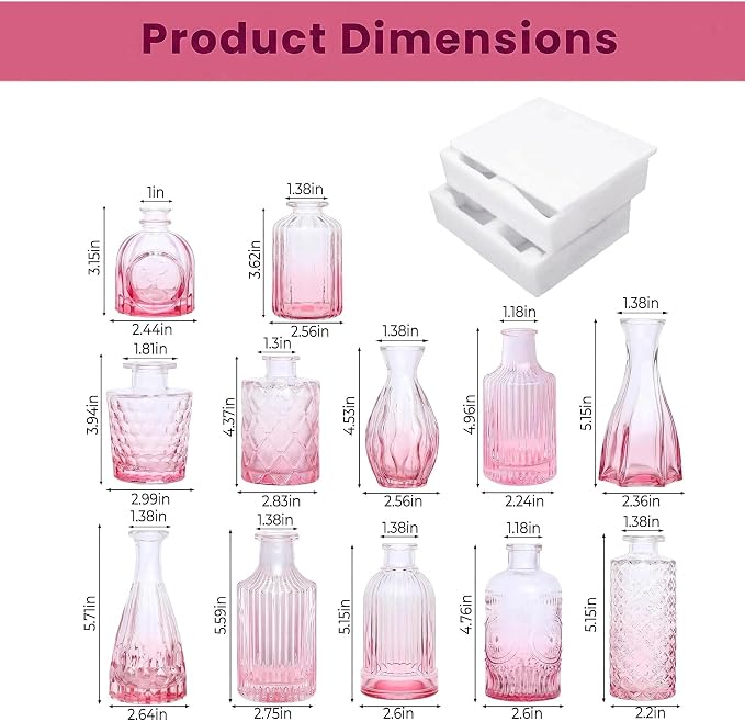 Mini Bud Vases Centerpieces for Tables,Clear Bud Vases for Flowers,Small Flower Vases Suitable for Birthday Party,Anniversary,Wedding Reception,Baby Shower (GradPink, 12PCS)