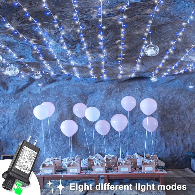 Blue and White Christmas Lights Outdoor, 82 FT 250 LED Christmas String Lights Waterproof 8 Modes, Plug in Clear Wire Twinkle Fairy Lights for Indoor Outside Tree Patio Yard Bedroom Decorations