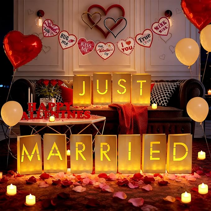 Just Married Luminary Paper Bags with LED Tea Lights Flameless Candles Balloons Rose Petals, Light Up Letters Signs for Valentines' Day Engagement Romantic Decorations