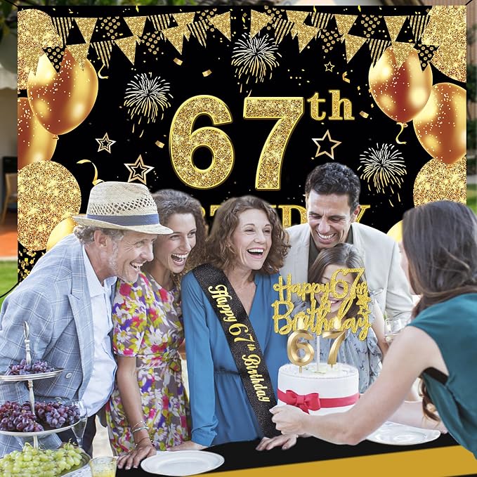 67th Birthday Decorations Men Women with 67th Birthday Banner, Black and Gold Table Cloth, Number Balloons, Sash, Cake Topper and Candles