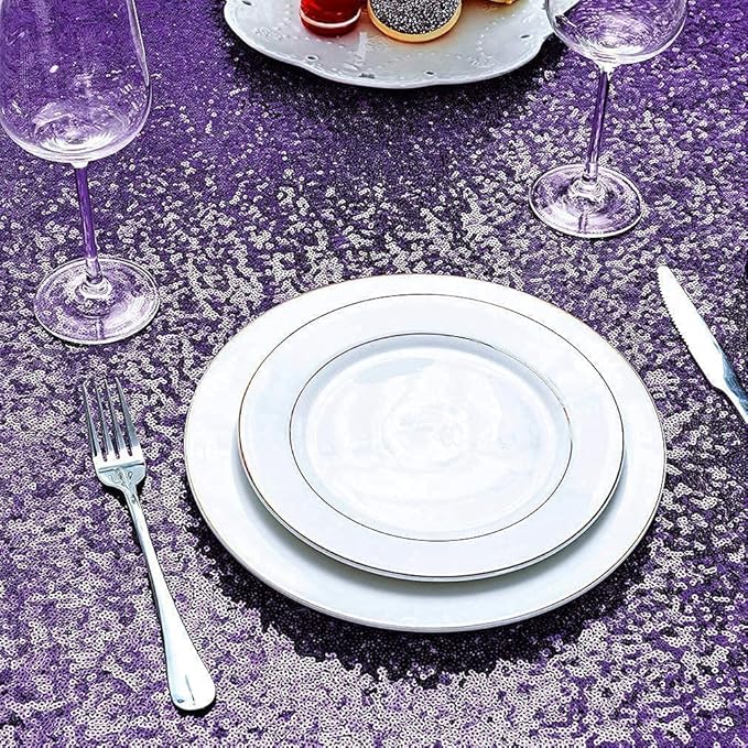 QueenDream Sequin Tablecloth 60"x102" Purple Tablecloth Glitter Party Table Cloth Overlay for Wedding Birthday Decorations