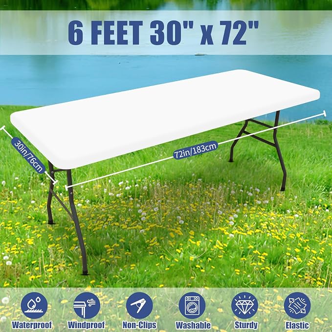 Moosfor Spandex 6 Foot Rectangle Table Cloth 6 Pack, Elastic Fitted Tablecloths for Picnic, Stretch Washable Patio Table Cover for Outdoor, Camping, Banquet and Parties (White, 30"x72")
