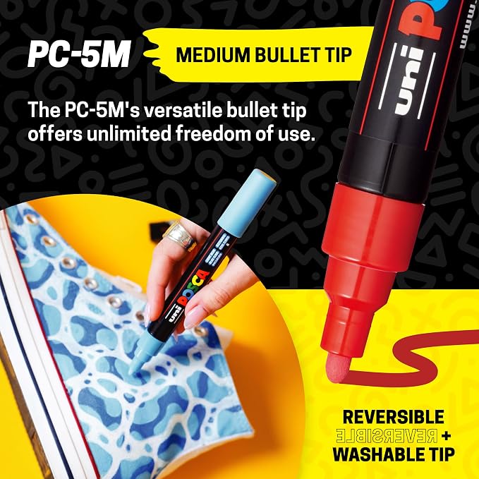 Uni Posca Paint Markers, 5M Medium Acrylic Markers with Reversible Tips, Artist Recommended For Gifts, Decorations, Fabric, Metal, Glass, Wood and Canvas, Assorted Colors, Set of 29