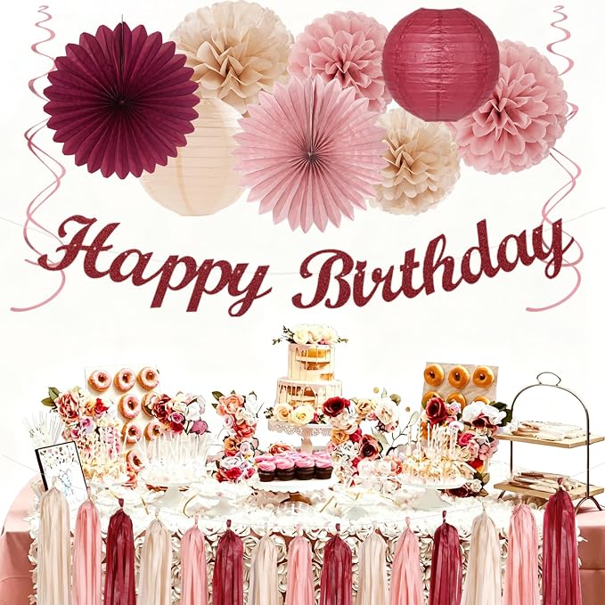 Rose-Gold Burgundy Champagne Women Birthday Party Decorations Hugmoon | 31pcs 67 50th Cherry Pastel Girls Banner,Paper Lanterns,Streamers, Pom Poms Fans,Tassel Garland Birthday Kit Decor Backdrop