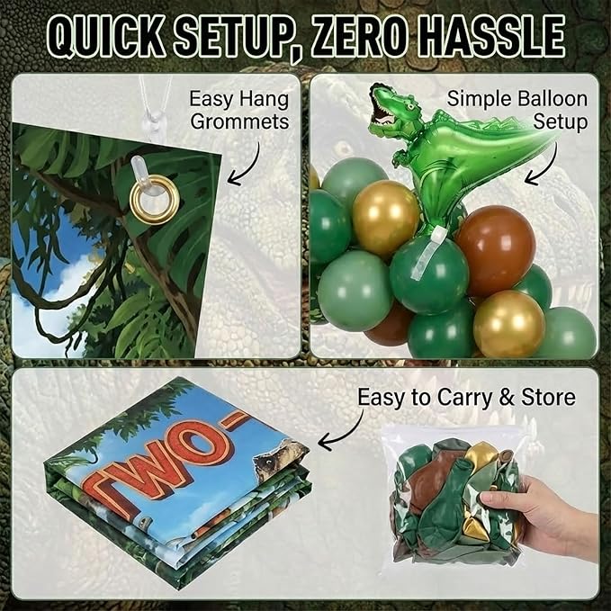 Dinosaur Two-Rex Birthday Decorations include Hunter Green Brown Gold balloon arch & small Dino Foil balloons & backdrop & footprint stickers for Kids Boys Jungle Safari Dino 2rd Party Supplies