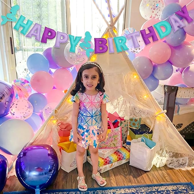 Pre-Strung Mermaid Happy Birthday Banner, Under The Sea Theme Party Decorations, HAPPY BIRTHDAY Garland with Exquisite Mermaid Design, Personalized Festival Sign for Baby Girls Party Decor, Photo Prop
