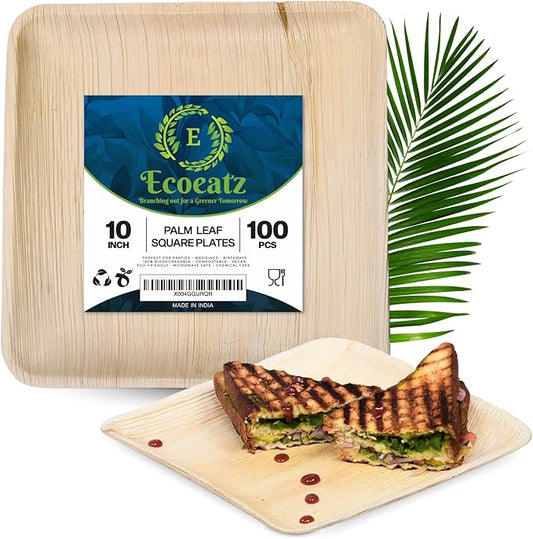 Palm Leaf Plates 10 Inch - 100 Pack – Heavy Duty Bamboo Square Compostable Disposable Bulk Dinner Plates, Eco Friendly, Microwave Safe, Elegant Design for Wedding, BBQ, Catering, Picnics & Dinner
