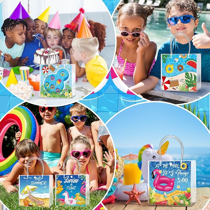 Teenyyou 24 Pcs Pool Party Favor Bags Summer Pool Beach Theme Designs Clear Gift Bags Reusable PVC Tote Container with Handles for Baby Shower, Bridal Shower, Wedding, Birthday Party Supplies