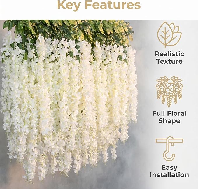 Artificial Wisteria Hanging Flowers Fake Wisteria Flower Garland Silk Vines Rattan Decor for Home Wedding Arch Wall Garden Greenery Bedroom Outdoor Office Party Decoration (12, White)