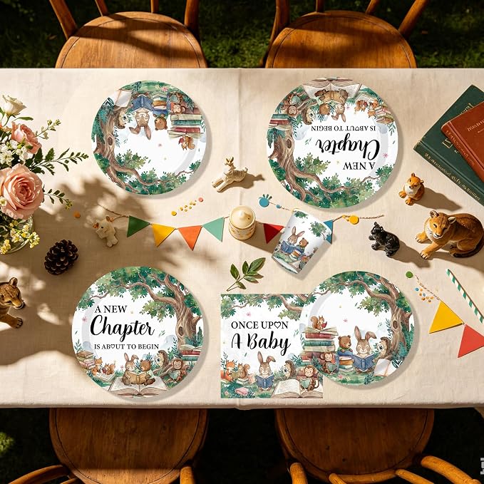 250Pcs Storybook Baby Shower Party Decorations A New Chapter is About to Begin Baby Shower Plates and Napkins Set for Storybook Forest Animal Theme Newborn Celebration Party Supplies Serve 50