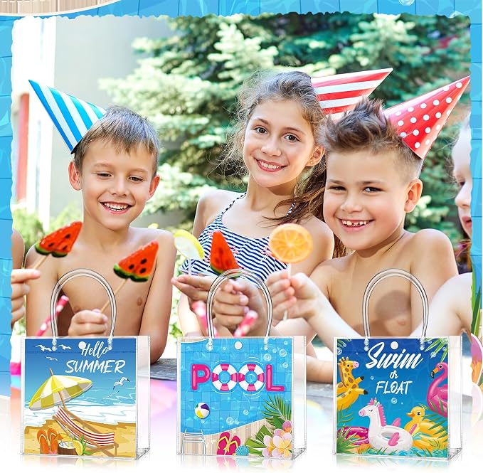 Teenyyou 24 Pcs Pool Party Favor Bags Summer Pool Beach Theme Designs Clear Gift Bags Reusable PVC Tote Container with Handles for Baby Shower, Bridal Shower, Wedding, Birthday Party Supplies