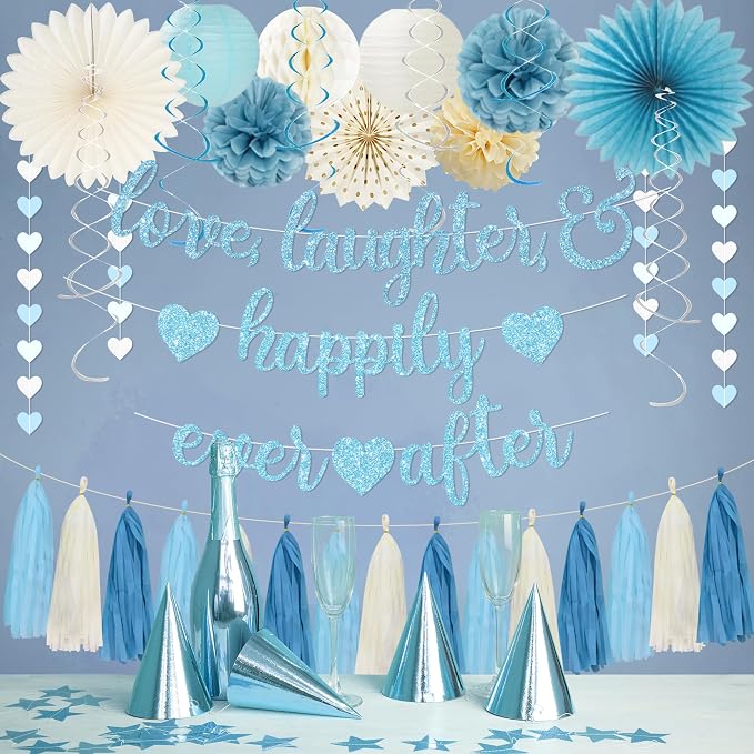 Roetyce Engagement Party Decorations, Blue Glitter Love Laughter & Happily Ever After Banner for Bridal Shower, Wedding Bachelorette Party Backdrop, Almost Married/Just Engaged Photo Background Decor