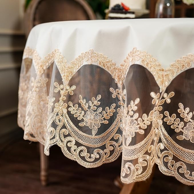 ARTABLE Lace Tablecloth Rectangle Waterproof Table Cover with Exquisite Macrame Border for Wedding Kitchen Holidays Party Decor (Beige, 60 Inch Round)