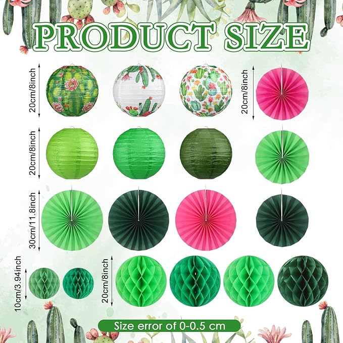 Retisee 18 Pcs Cactus Party Decorations Succulent Hanging Paper Lanterns Plant Honeycomb Fans Honeycomb Ball for Cactus Taco Bout a Theme Birthday Baby Shower Decorations