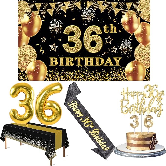 36th Birthday Decorations Men Women with 36th Birthday Banner, Black and Gold Table Cloth, Number Balloons, Large Sash, Cake Topper and Candles