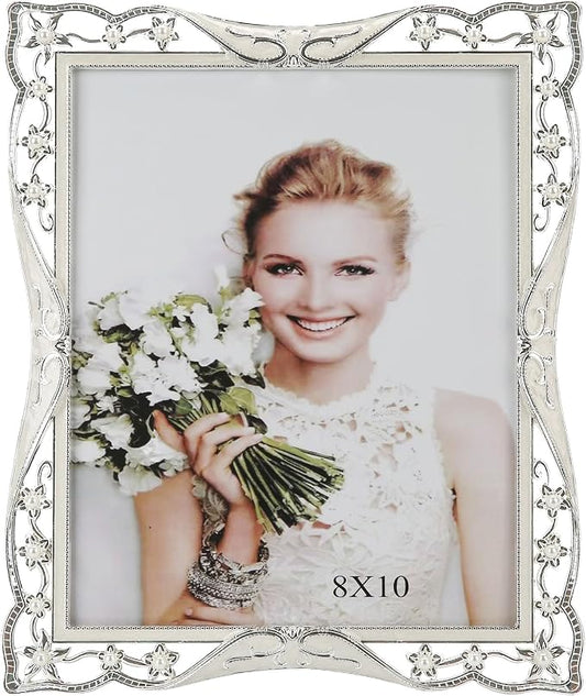8x10 Vintage Metal White Picture Frame Pearl Antique Ornate Gold Photo Frame Wedding Decoration, Clear Glass Front, Unique Tabletop or Wall Display, Gifts for Mom Women, Horizontally & Vertically