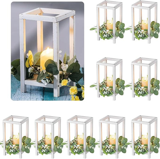 Geelin 10 Pcs Wooden Wedding Lantern Centerpiece Candle Lantern Table Wooden Candle Holder Decorative for Wedding Party Table Valentine Decor (10.59 in,Antique White)