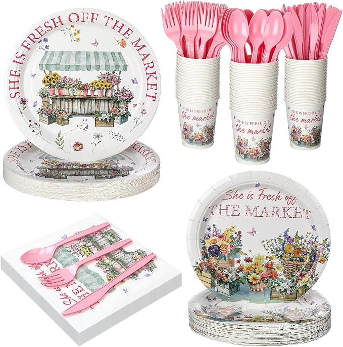 Yungyan 252 Pcs She Is Fresh off the Market Bridal Shower Party Tableware Set Included Plates Napkins Cups Forks Knives Cutlery for Party Decorations Supplies 36 guests