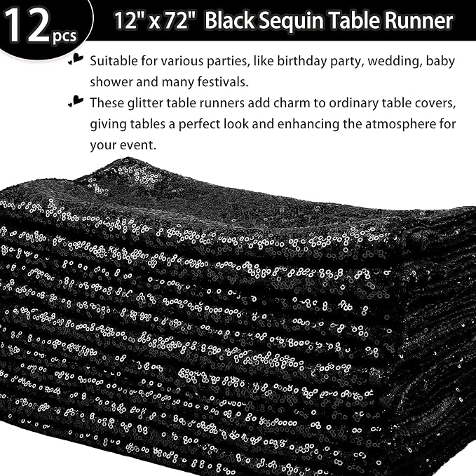 12 Packs Sequin Table Runner Glitter Dining Table Runner for Birthday Wedding Engagement Bridal Baby Shower Bachelorette Holiday Celebration Party Supplies Decorations (12" x 72", Black)
