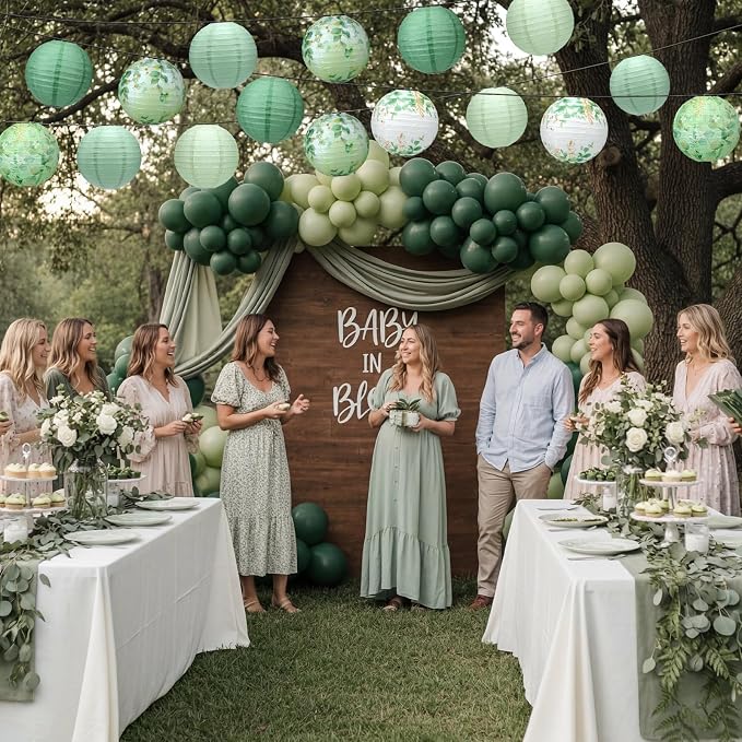 Panelee 12 Pcs Sage Green Eucalyptus Leaf Party Decorations Paper Lanterns 8 Inch Hanging Round Paper Party Decorations for Holiday Indoor Outdoor Supplies
