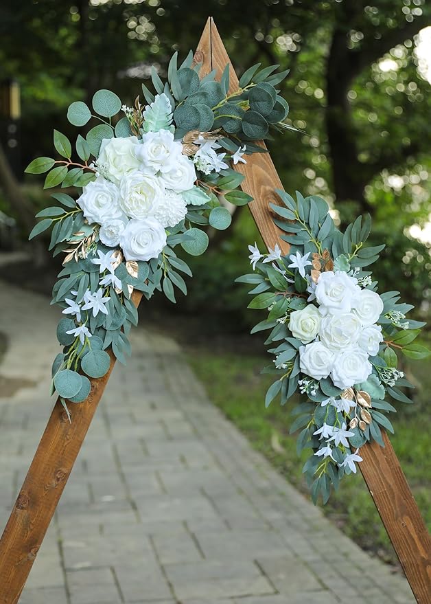 Artificial White Wedding Arch Flower Swags Set of 2 for Welcome Signs, Reception and Ceremony Decorations - Gold Floral Decor